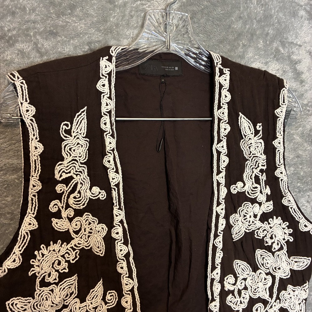 Zara Womens Floral Embroidered Cropped Vest Gilet M Boho Folkoric Cottagecore
